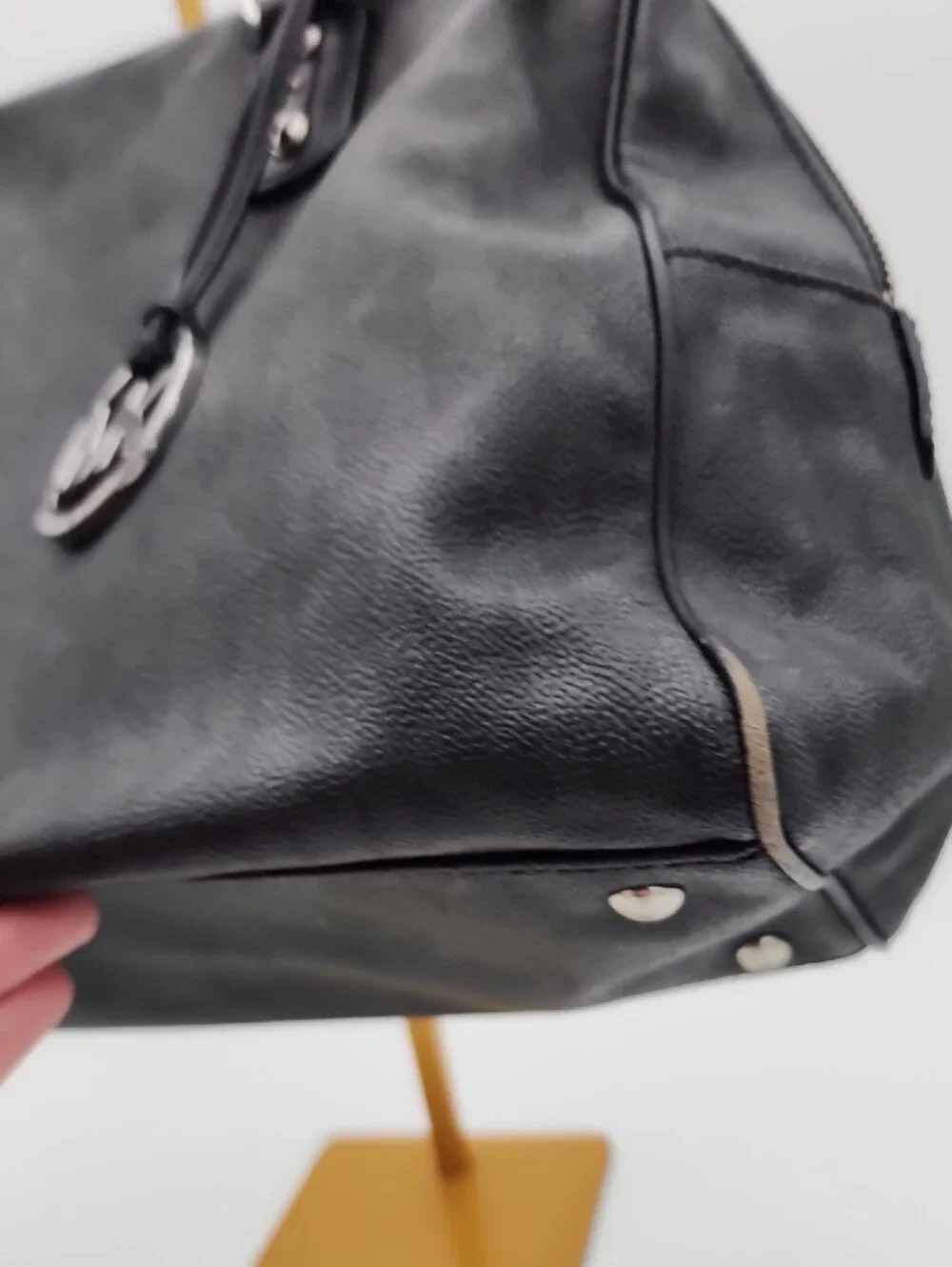 Michael Kors Black Pebbled Leather Satchel with Silver MK Charm